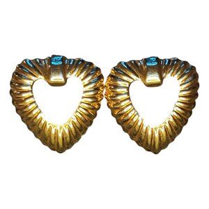 Vintage Retro Large Gold-Tone Heart Stud Earrings Excellent Condition
